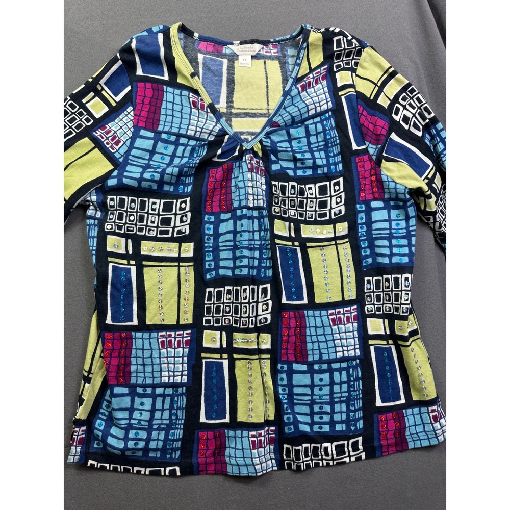 CJ Banks Christopher & Banks Geometric Sequin V-Neck Top Blue Green 1X
